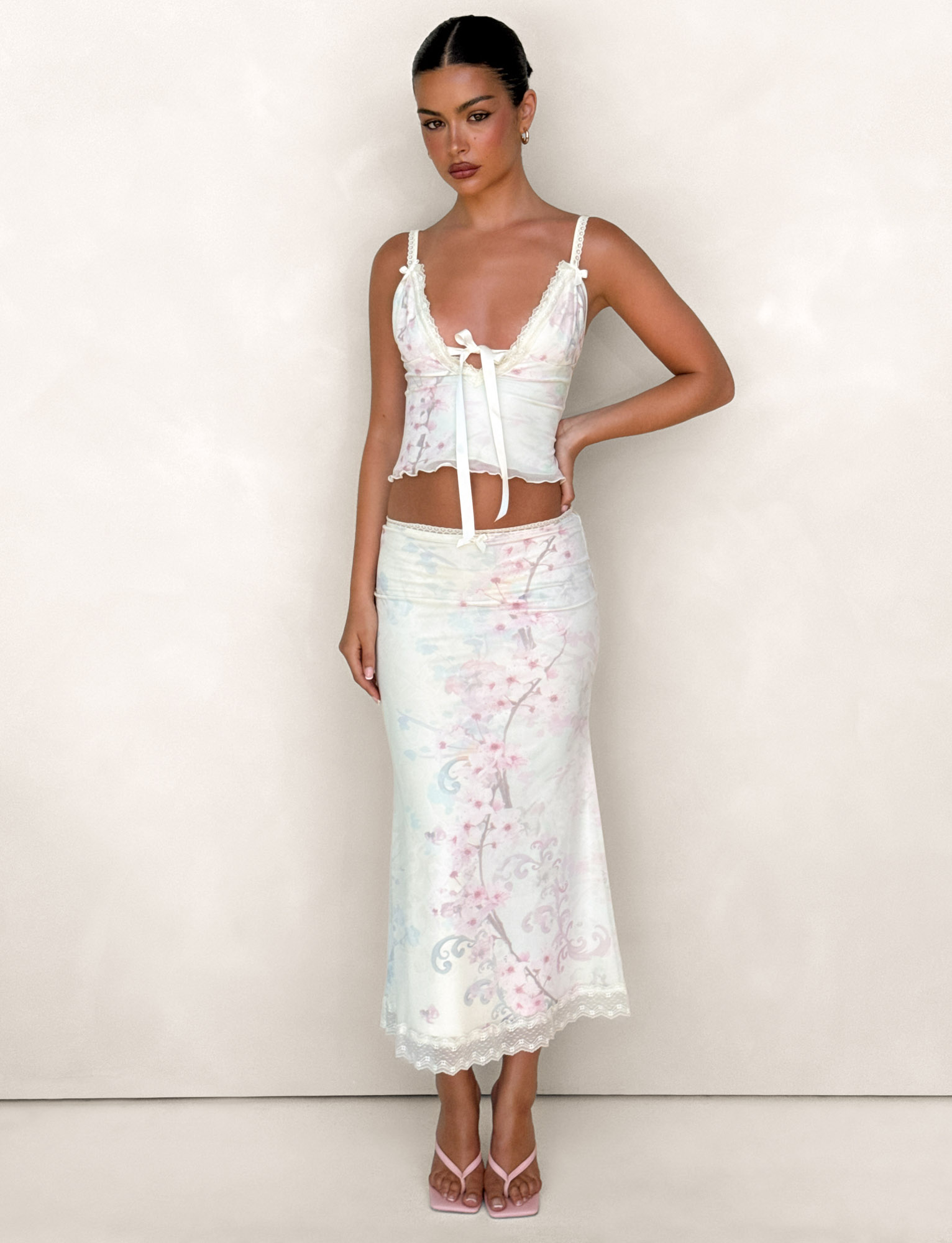 LONIE MIDI SKIRT - NEUTRAL : FLORAL : WASHED CHERRY BLOSSOM - Image 2