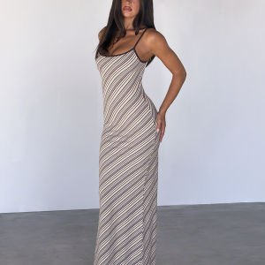 SLOANE MAXI DRESS - TAN AND CHOC STRIPE