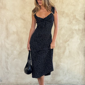 LOTTIE RUFFLE MIDI DRESS - BLACK POLKA