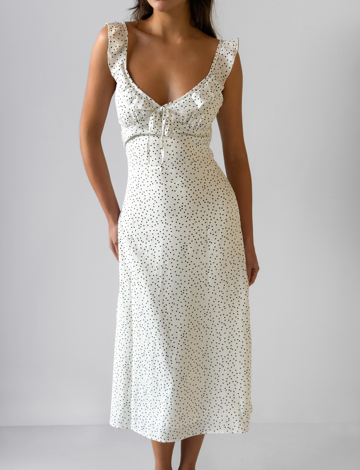 LOTTIE RUFFLE MIDI DRESS - WHITE POLKA - Image 2