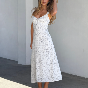 LOTTIE RUFFLE MIDI DRESS - WHITE POLKA